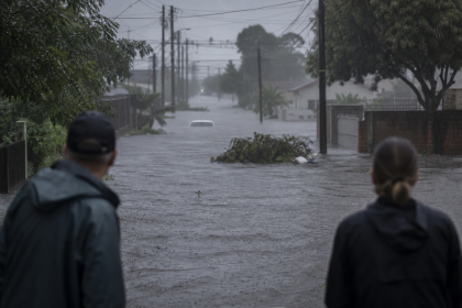 Rua alagada e moradores observando os efeitos de uma tempestade em município do Rio Grande do Sul