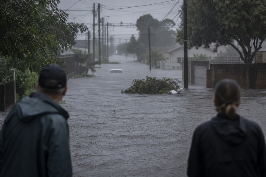 Rua alagada e moradores observando os efeitos de uma tempestade em município do Rio Grande do Sul