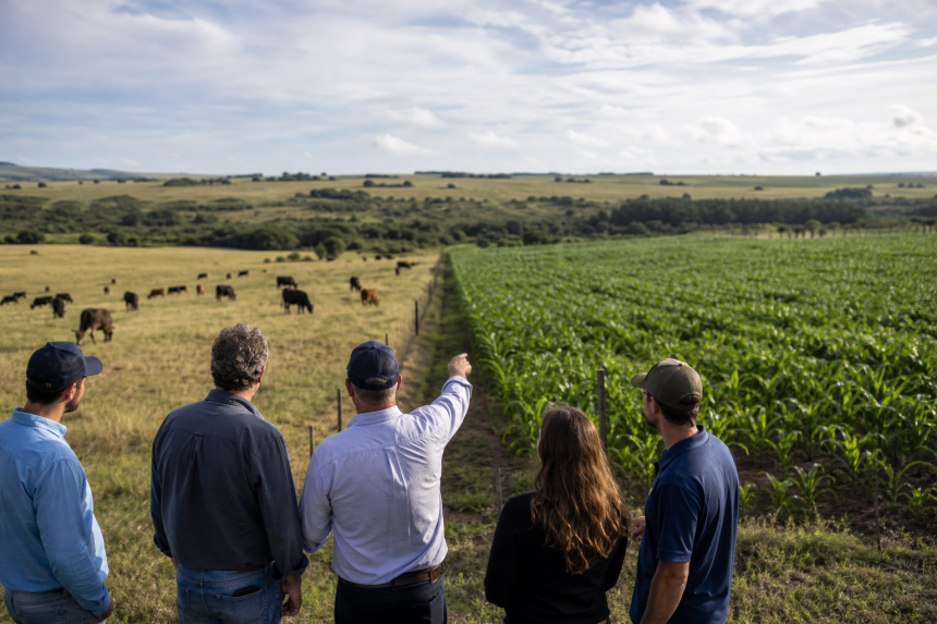 Pesquisadores e produtores observam uma área experimental com lavoura e pastagem em Bagé