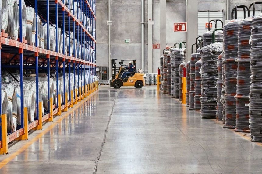 Empilhadeira movimenta mercadorias em um armazém industrial com produtos empilhados.